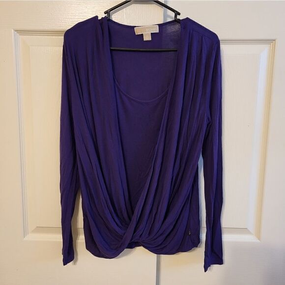 MICHAEL Michael Kors deep purple long-sleeved draping cross-over blouse - Picture 1 of 9